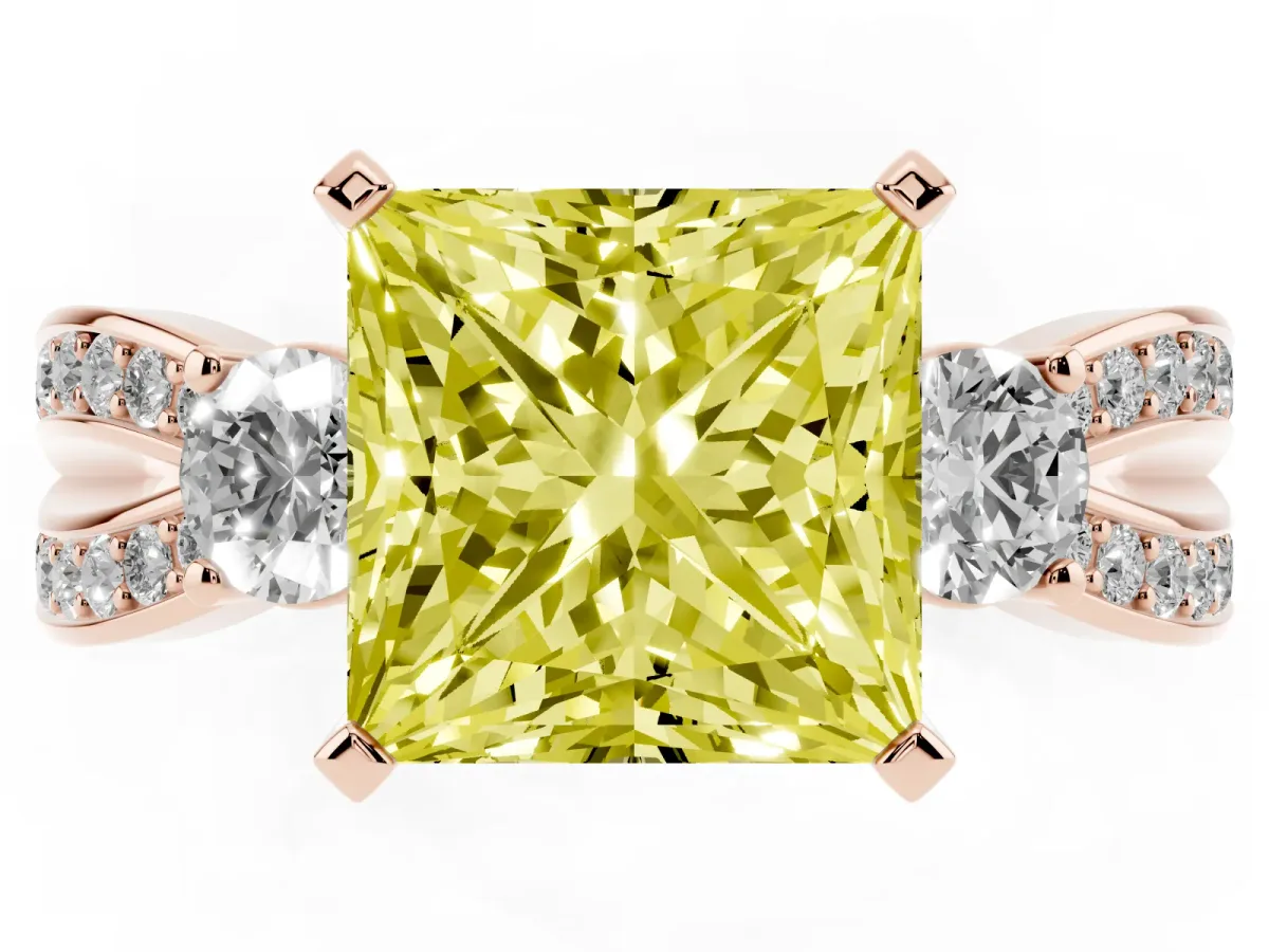 Fancy Yellow Three-Stone Princess Cut Cut Diamond Twist Band with Prong Setting Rose gold