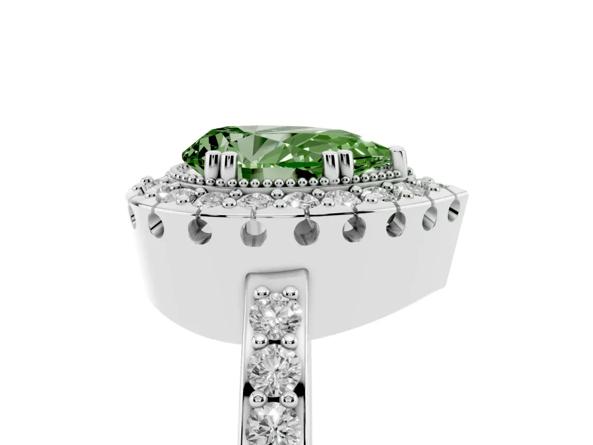 Fancy Green Pear Cut Diamond Halo Ring with Pavé Band and Prong Setting Silver