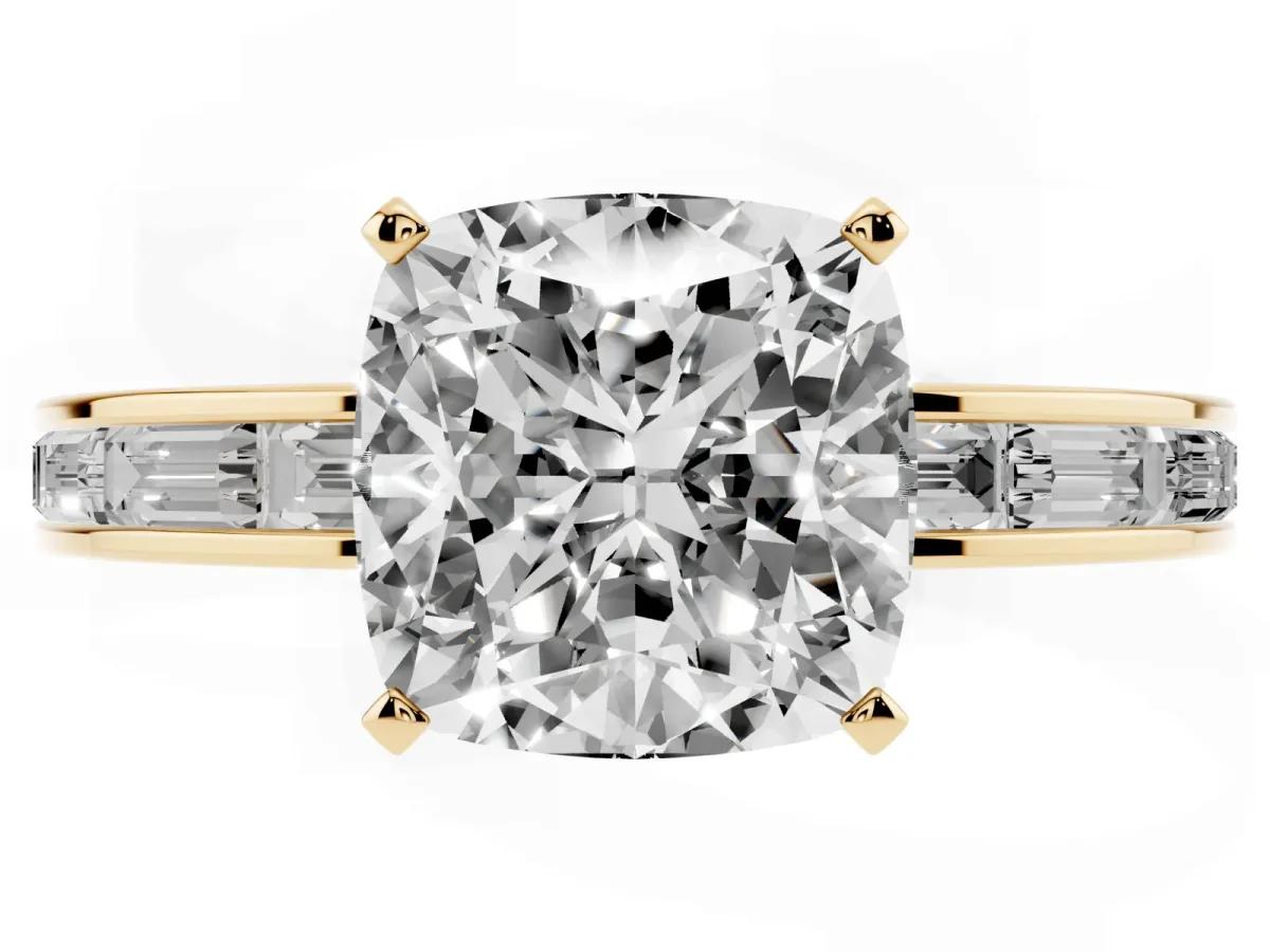 Cushion Cut Solitaire Diamond Ring with Channel-Set Baguette Band and Four-Prong Setting Yellow gold