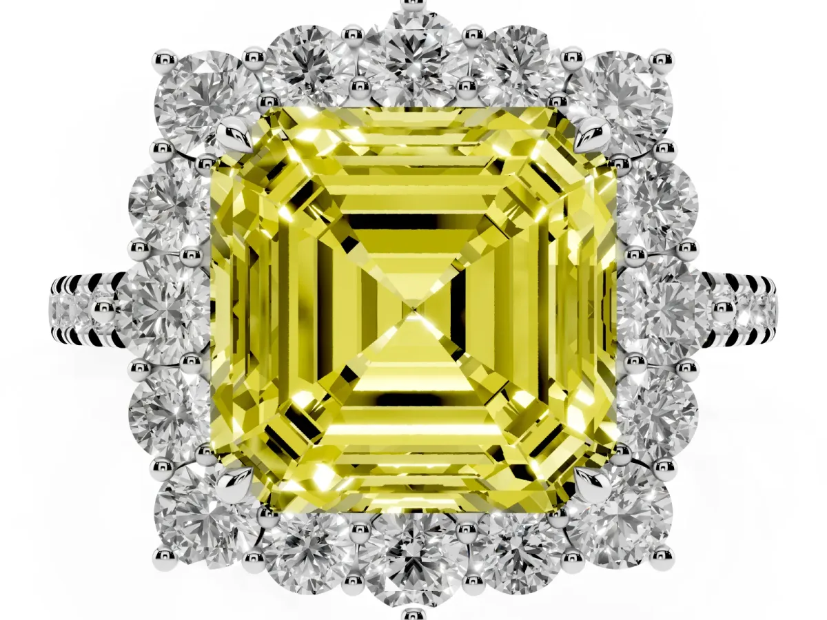Fancy Yellow Asscher Cut Halo Diamond Ring with Pavé Band and Prong Setting Silver
