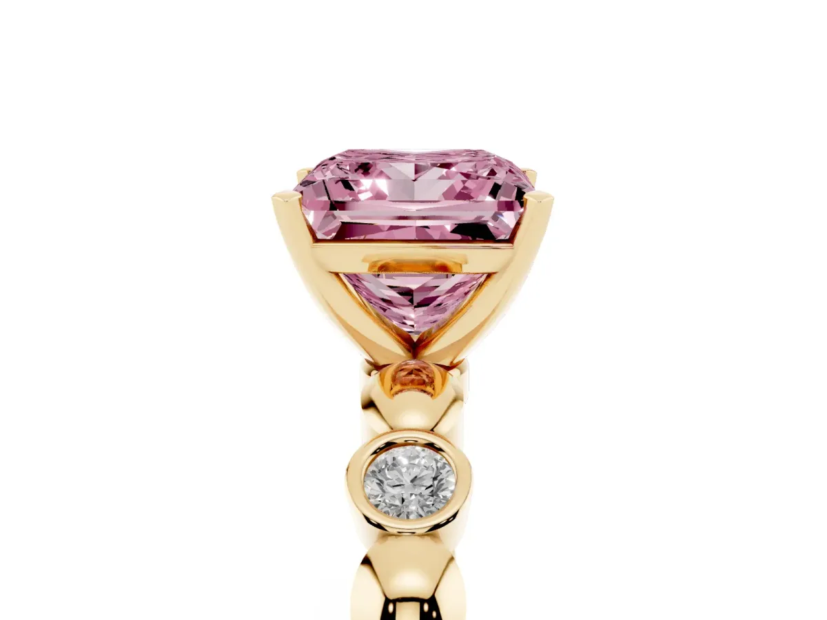 Fancy Pink Princess Cut Solitaire Bezel-Set Diamond Ring with Beaded Band and Four-Prong Setting Yellow gold