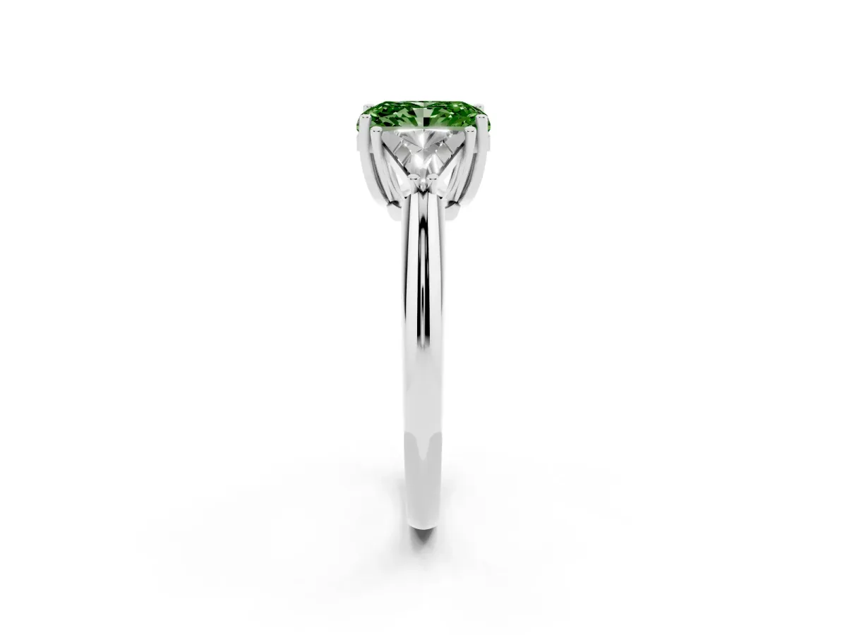 Fancy Green Three-Stone Radiant Cut Diamond Engagement Ring with Trillion Side Stones and Prong Setting Silver