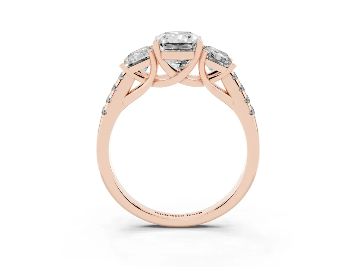 Three-Stone Radiant Cut Diamond Ring with Round Pavé Band and Prong Setting Rose gold