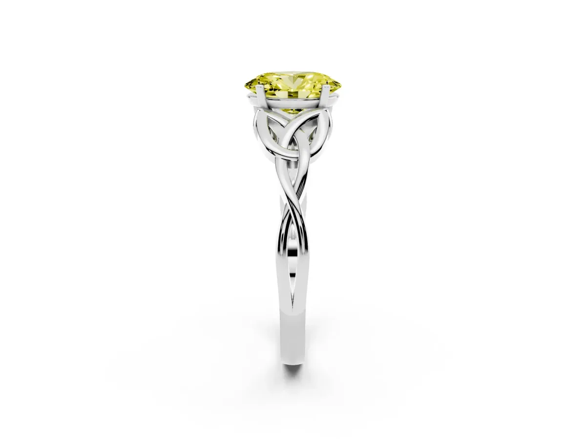 Fancy Yellow Oval Cut Diamond Solitaire Engagement Ring with Celtic Knot Band and Four-Prong Setting White gold