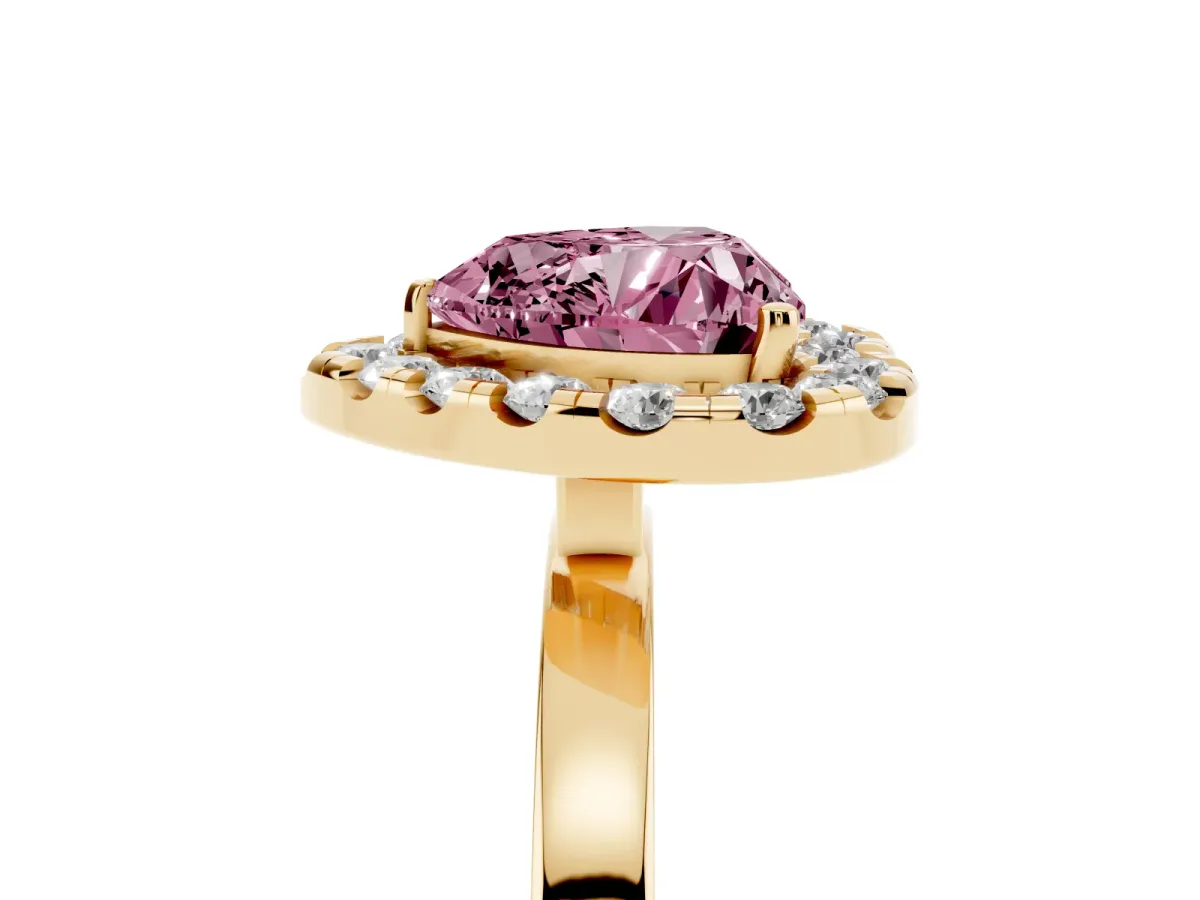 Fancy Pink Heart Cut Halo Diamond Solitaire with Pavé Band and Four-Prong Setting Yellow gold
