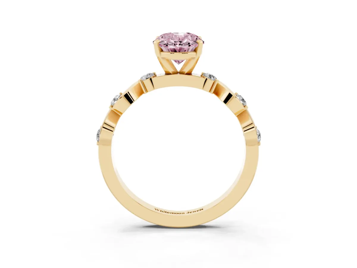 Fancy Pink Oval Cut Diamond Solitaire Twisted Band with Round Accents and Prong Setting Yellow gold