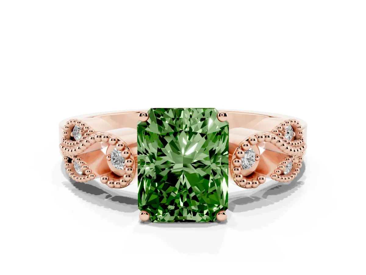 Fancy Green Princess Cut Solitaire Milgrain Leaf Band with Prong Setting Rose gold