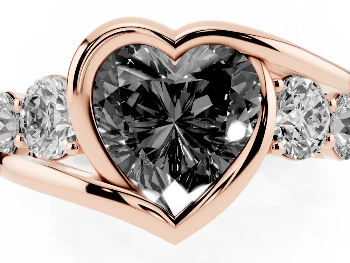 Fancy Black Bezel Set Heart Cut Diamond Bypass Ring with Round Accents Rose gold
