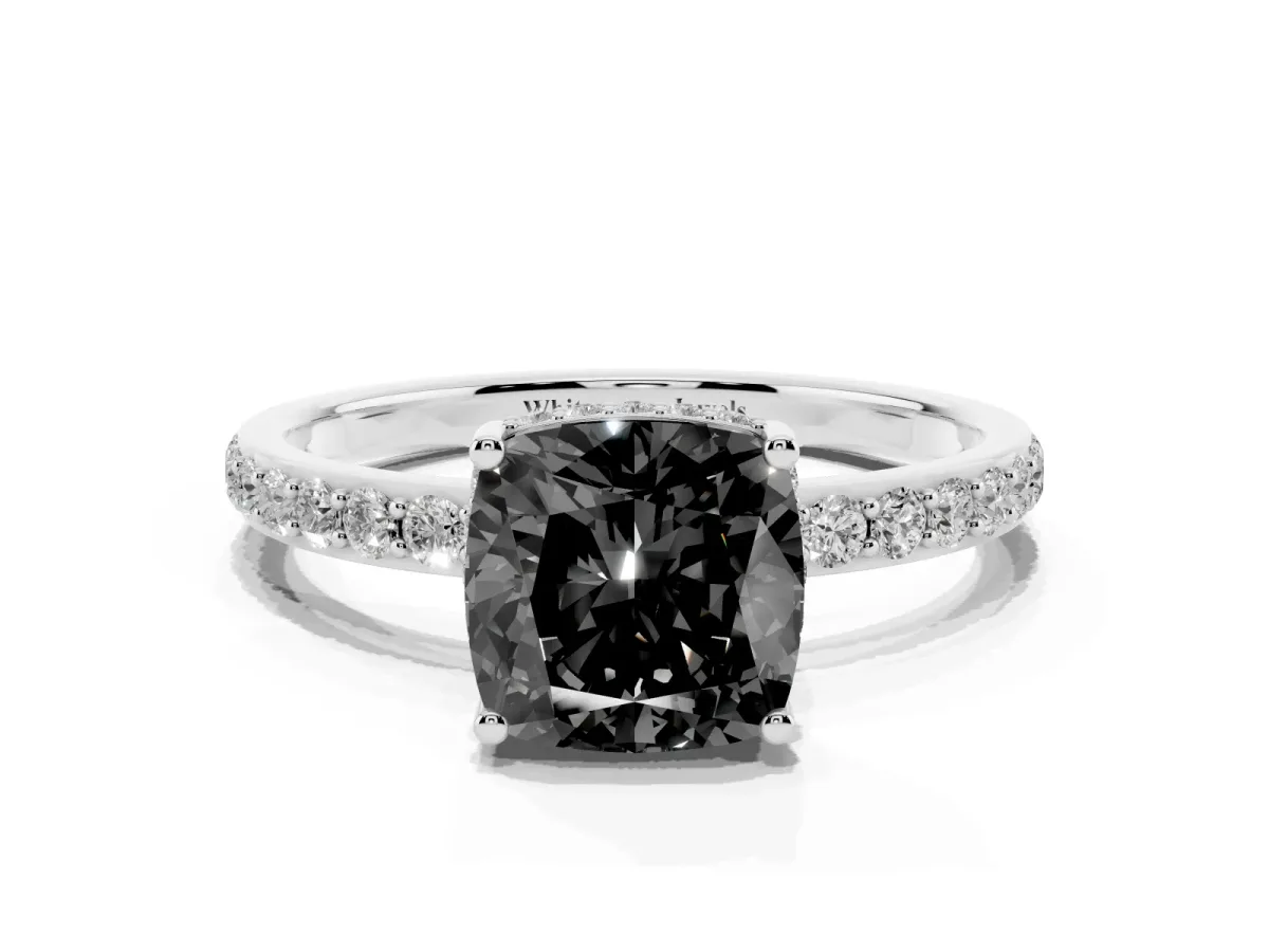 Fancy Black Cushion Cut Diamond Solitaire Ring with Pavé Band and Hidden Halo Silver