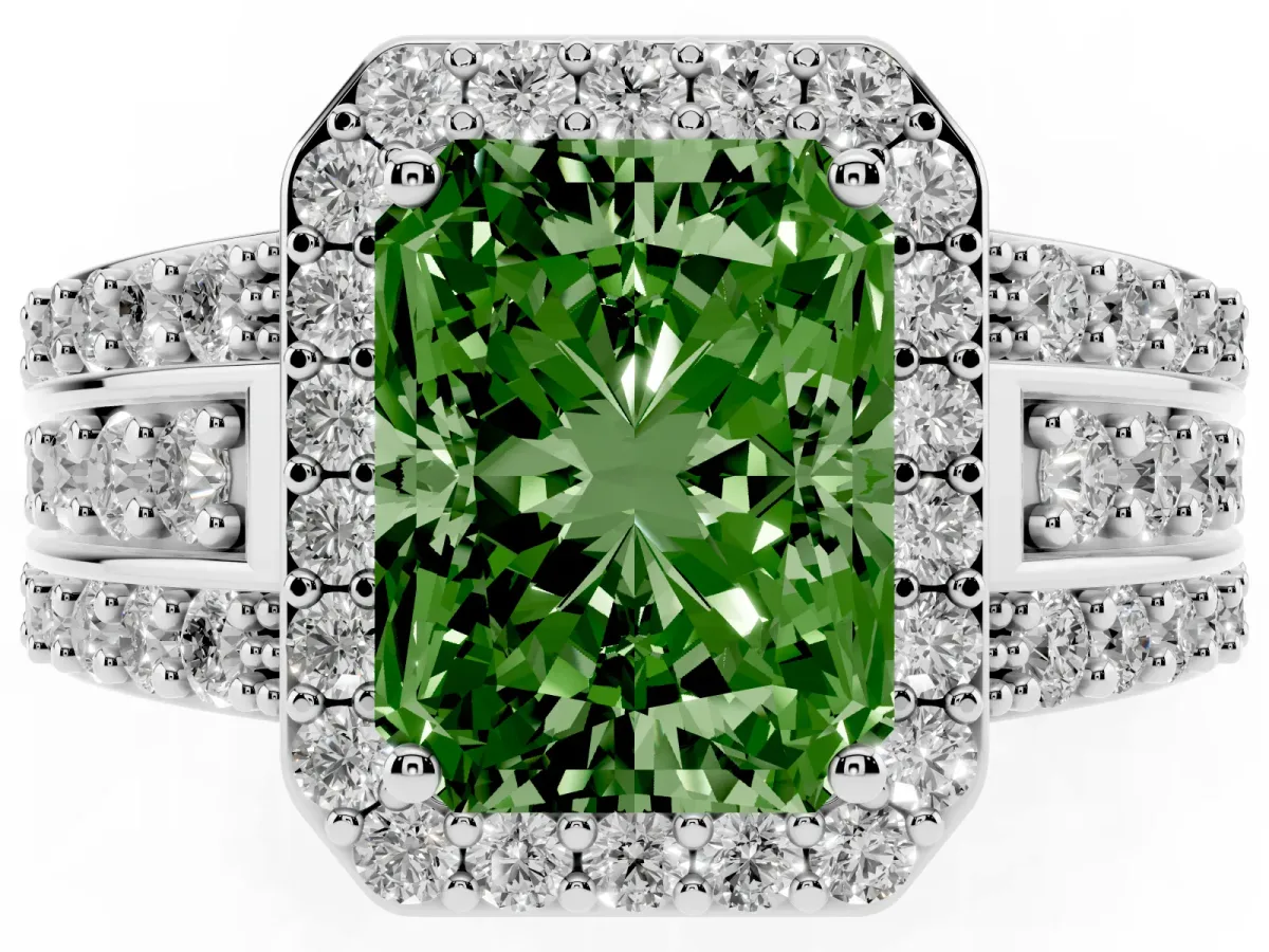 Fancy Green Radiant Cut Halo Diamond Ring with Round Split Shank and Prong Setting Platinum