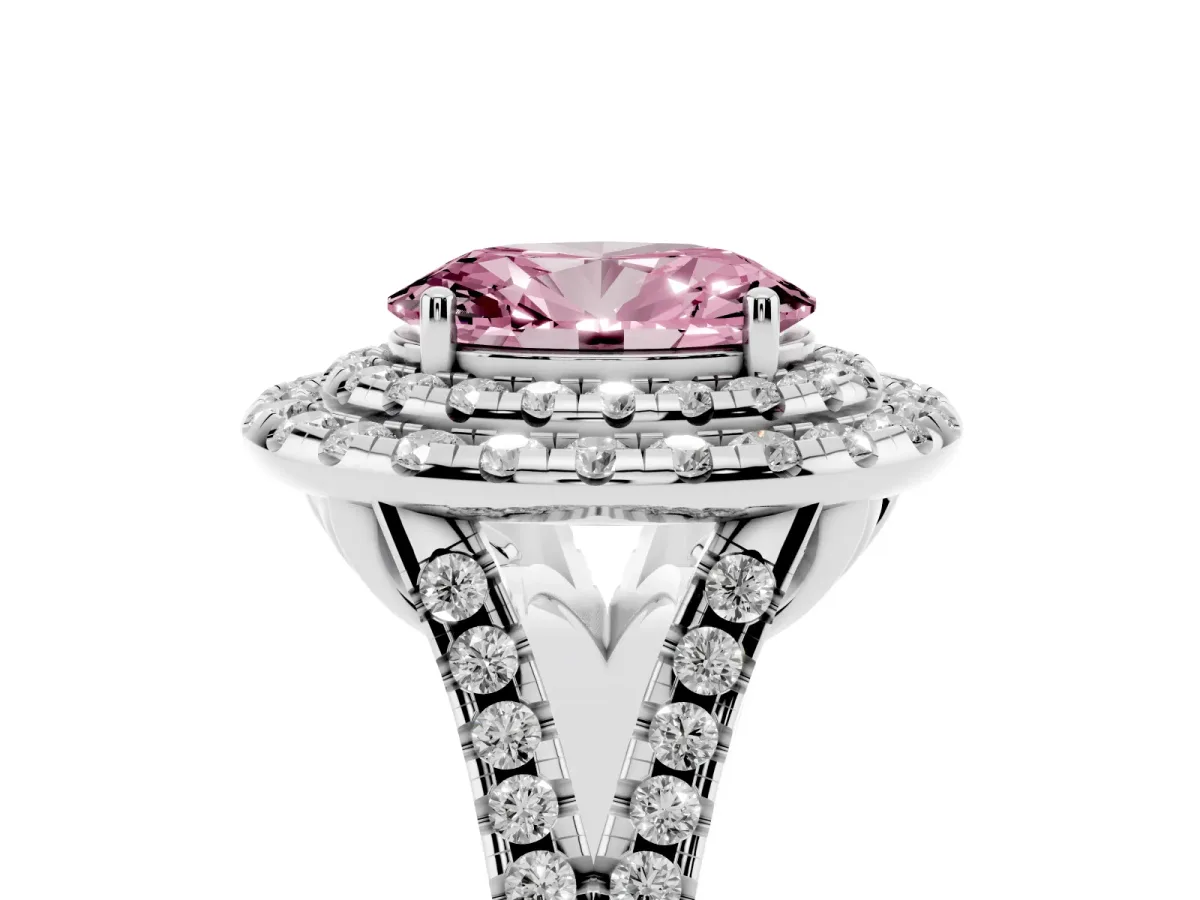 Fancy Pink Double Halo Oval Cut Diamond Pavé Split Shank Ring with Prong Setting Platinum