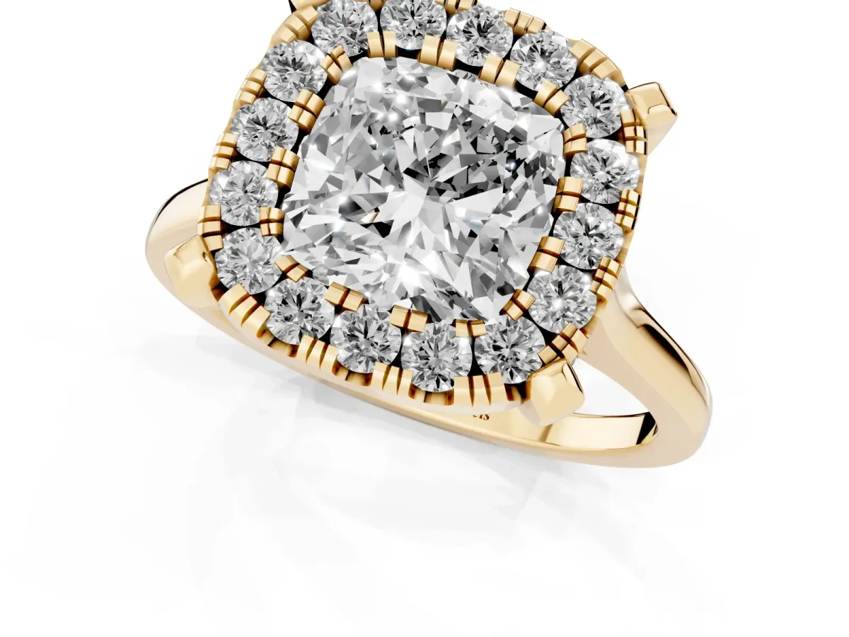 Cushion Cut Diamond Cluster Halo Solitaire with Four-Prong Setting Yellow gold