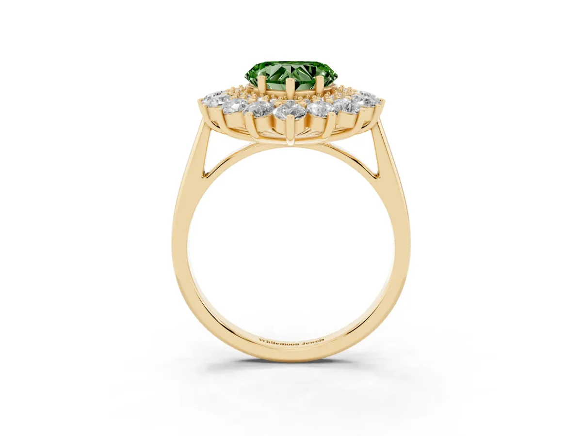 Fancy Green Heart Cut Diamond Floral Double Halo Engagement Ring with Prong Setting Yellow gold