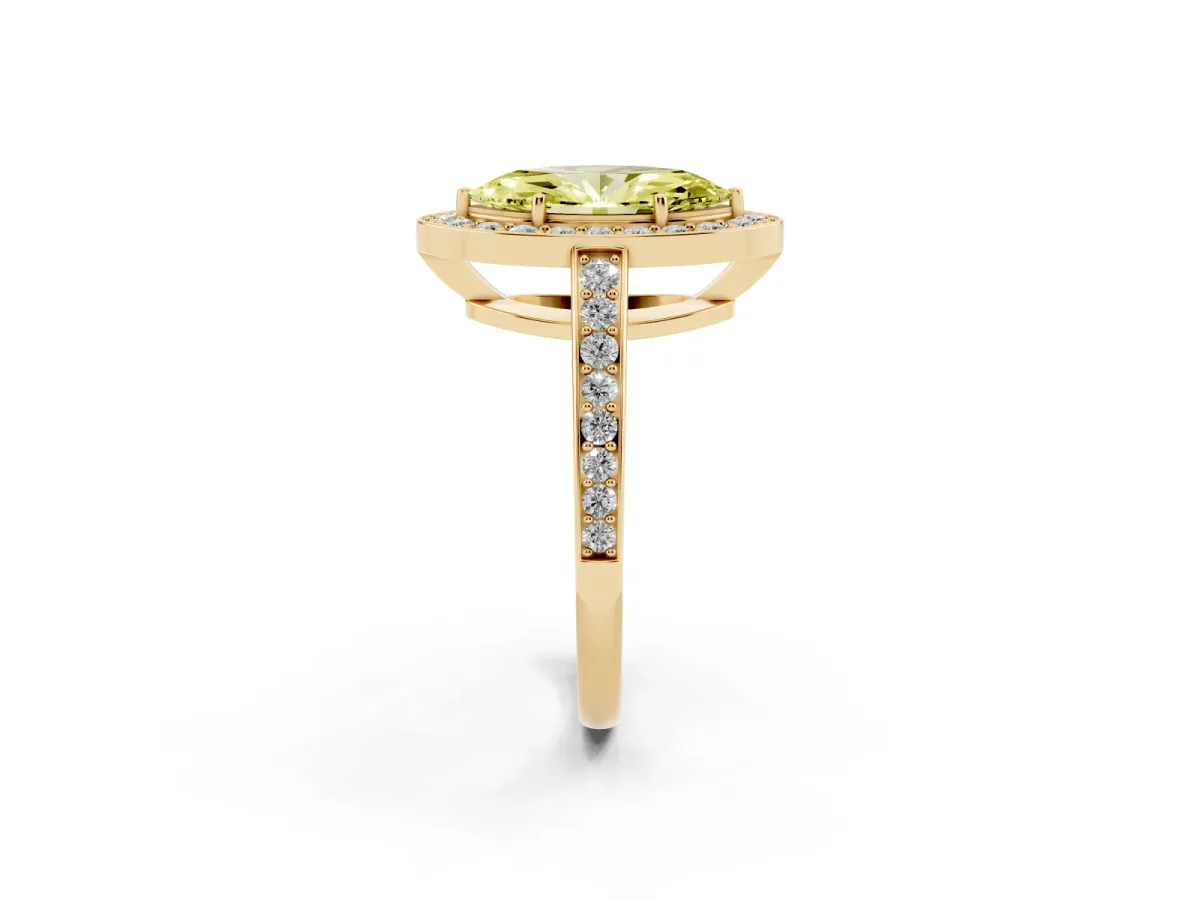 Fancy Yellow Marquise Cut Halo Pavé Diamond Engagement Ring with Bezel Setting Yellow gold