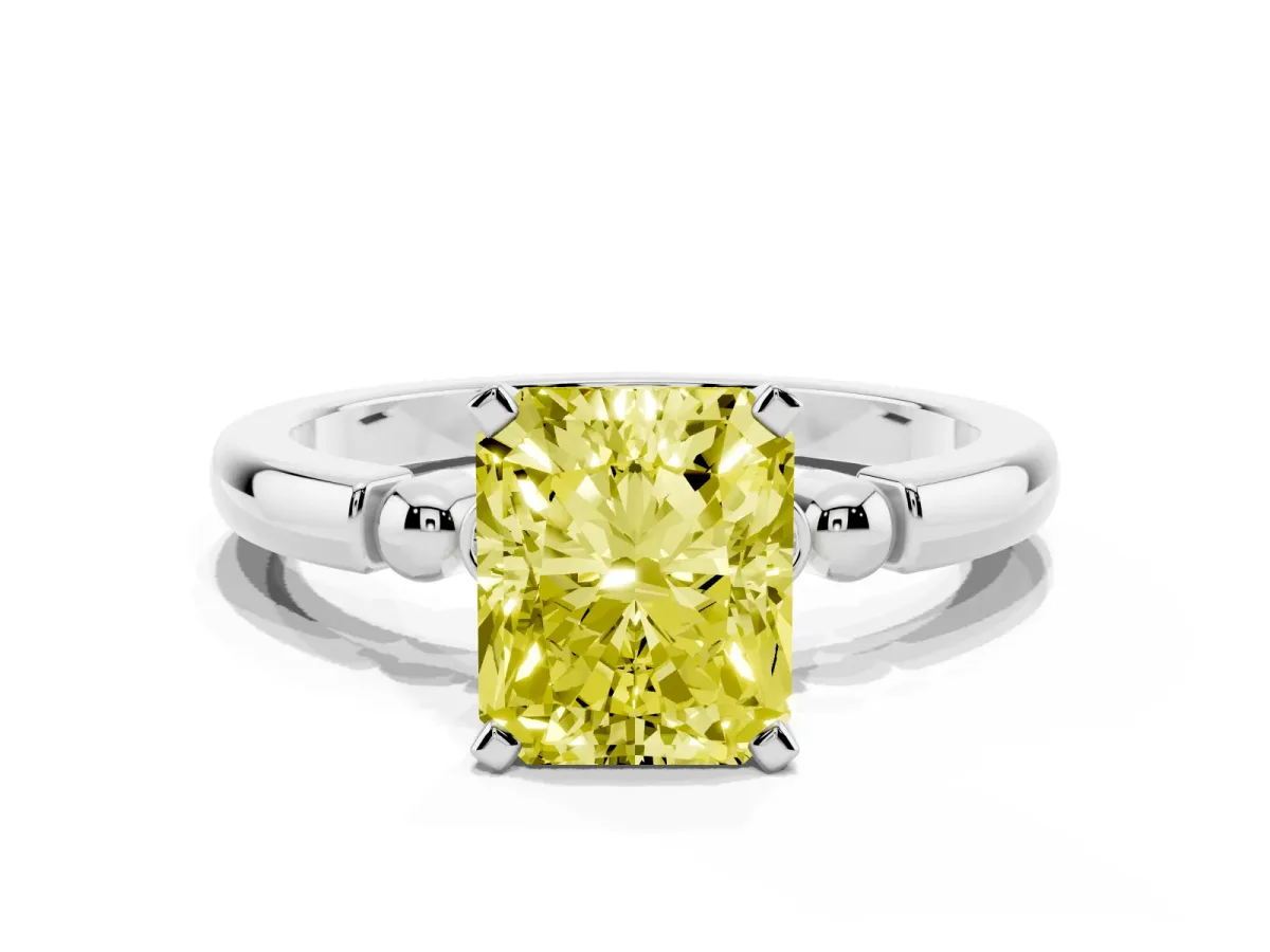 Fancy Yellow Radiant Cut Solitaire Beaded Band with Four-Prong Setting Silver