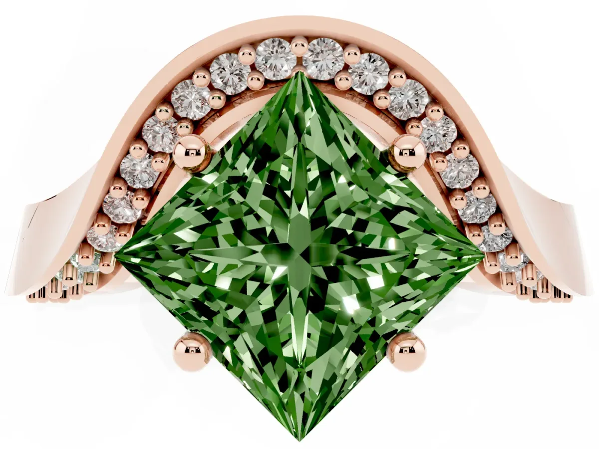 Fancy Green Princess Cut Solitaire Diamond Engagement Ring with Pave Band and Four-Prong Setting Rose gold