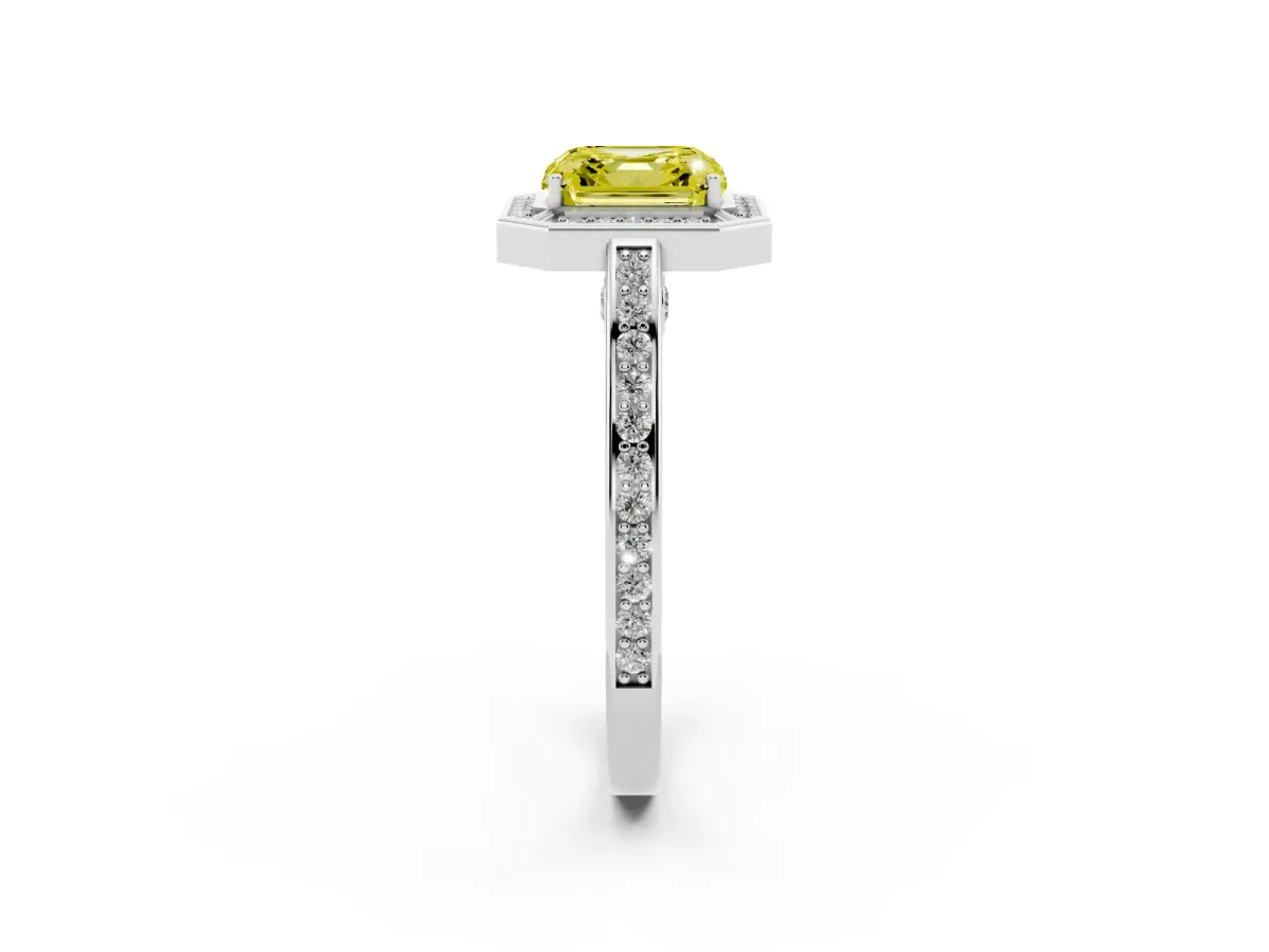 Fancy Yellow Asscher Cut Cut Halo Pave Split Shank Prong Setting Ring Silver