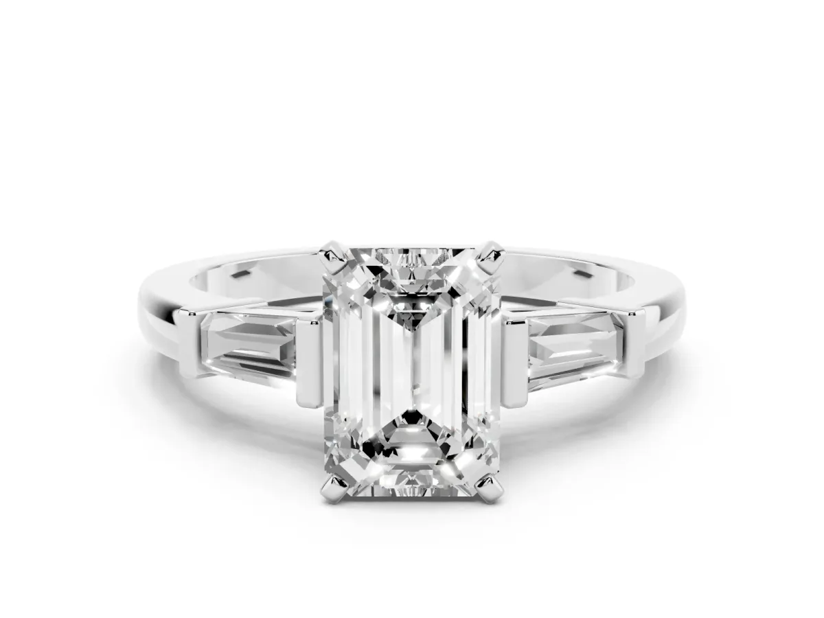Emerald Cut Cut Diamond Solitaire Ring with Tapered Baguette Accents and Four-Prong Setting Silver