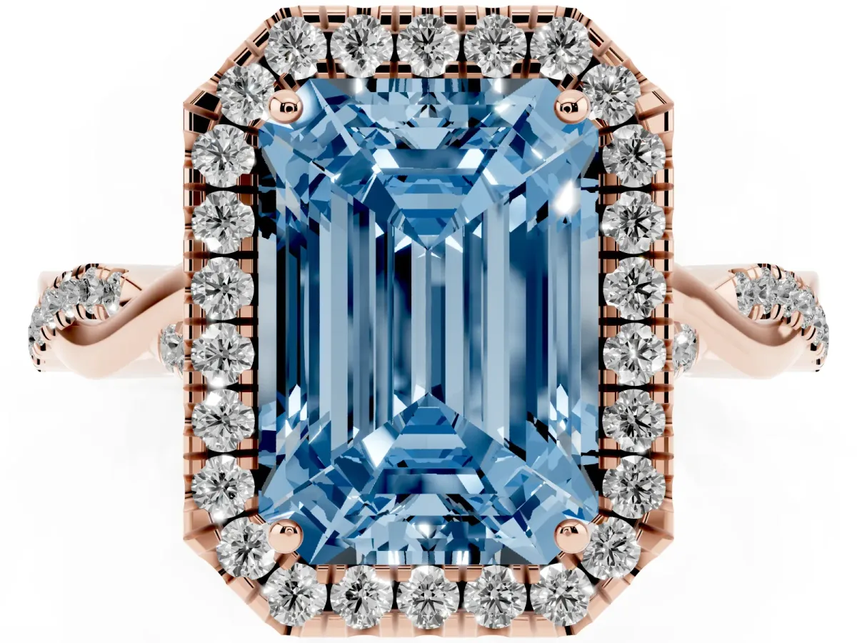 Fancy Blue Emerald Cut Halo Twist Band Solitaire Ring Rose gold
