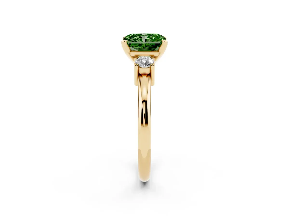 Fancy Green Three-Stone Radiant Cut Cut Diamond Solitaire with Prong Setting and Classic Band Yellow gold