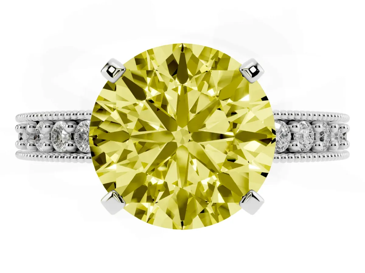Fancy Yellow Round Cut Diamond Milgrain Pavé Engagement Ring with Four-Prong Setting Silver