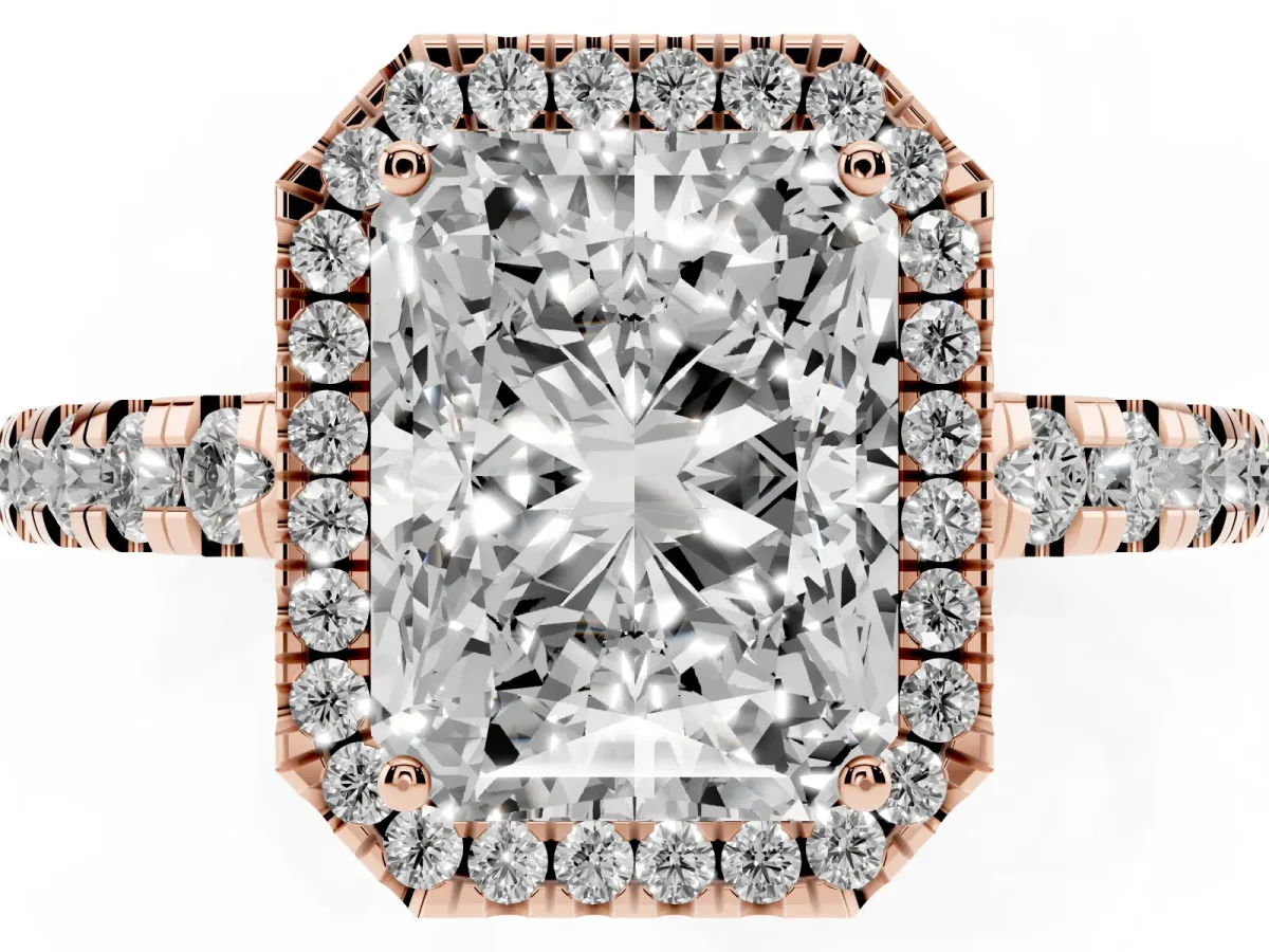 Radiant Cut Diamond Halo Ring with Pavé Band and Four-Prong Setting Rose gold