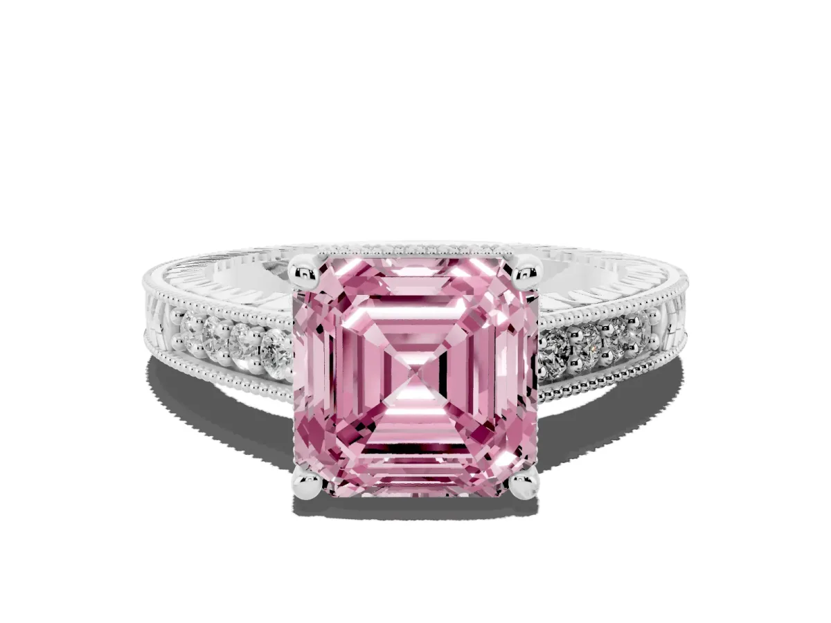 Fancy Pink Asscher Cut Solitaire Pavé Diamond Milgrain Engagement Ring with Four-Prong Setting Platinum