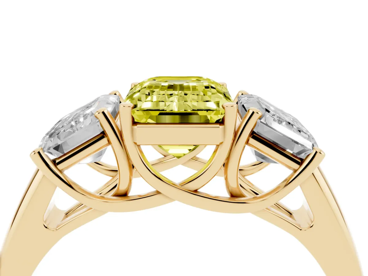 Fancy Yellow Three-Stone Emerald Cut Diamond Engagement Ring with Prong Setting Yellow gold