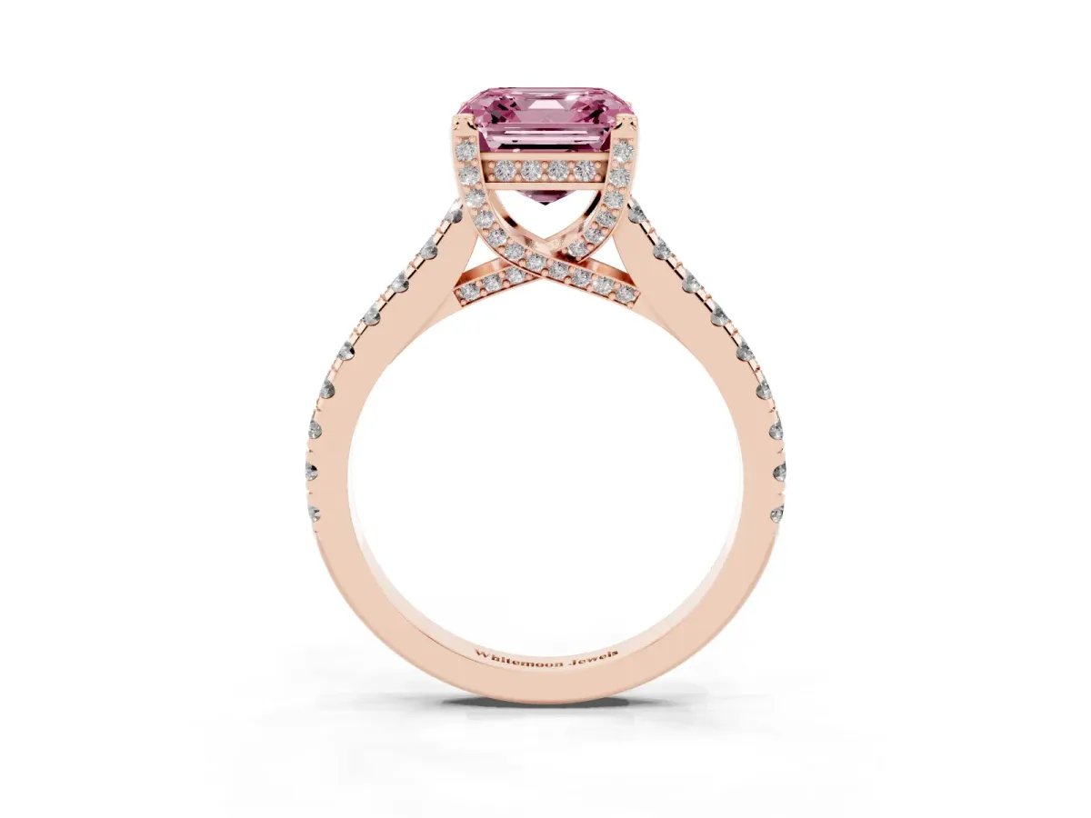 Fancy Pink Asscher Cut Brilliant Diamond Solitaire with Pavé Band and Four-Prong Setting Rose gold