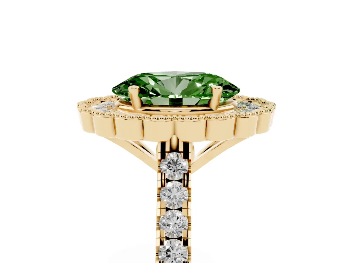 Fancy Green Oval Cut Cut Diamond Milgrain Floral Halo Engagement Ring with Pavé Band Yellow gold