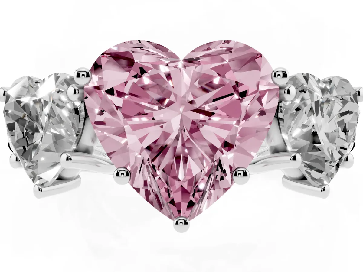 Fancy Pink Three-Stone Heart Cut Diamond Pavé Band with Prong Setting Silver