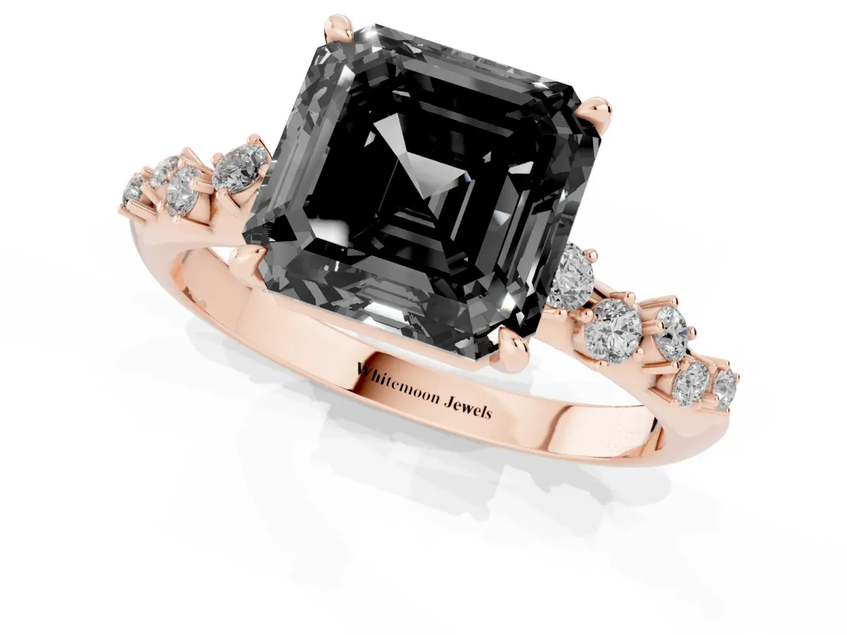 Fancy Black Asscher Cut Diamond Cluster Side Stone Solitaire Ring with Prong Setting Rose gold
