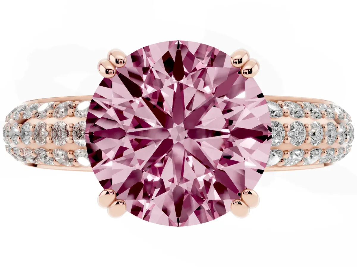 Fancy Pink Round Cut Diamond Solitaire Ring with Multi-Row Round Pavé Band and Prong Setting Rose gold