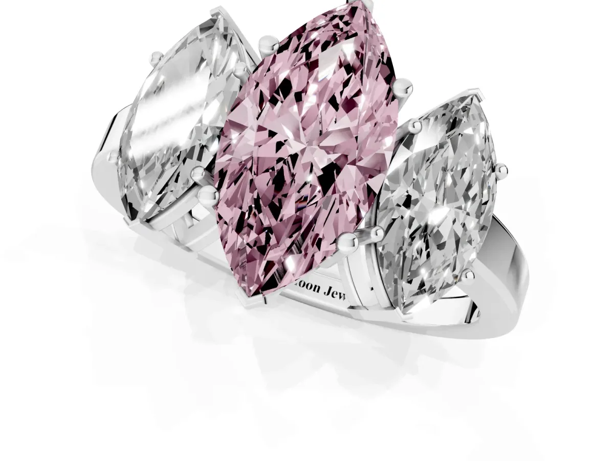 Fancy Pink Three-Stone Marquise Cut Cut Diamond Engagement Ring with Flat Band and Four-Prong Setting Silver