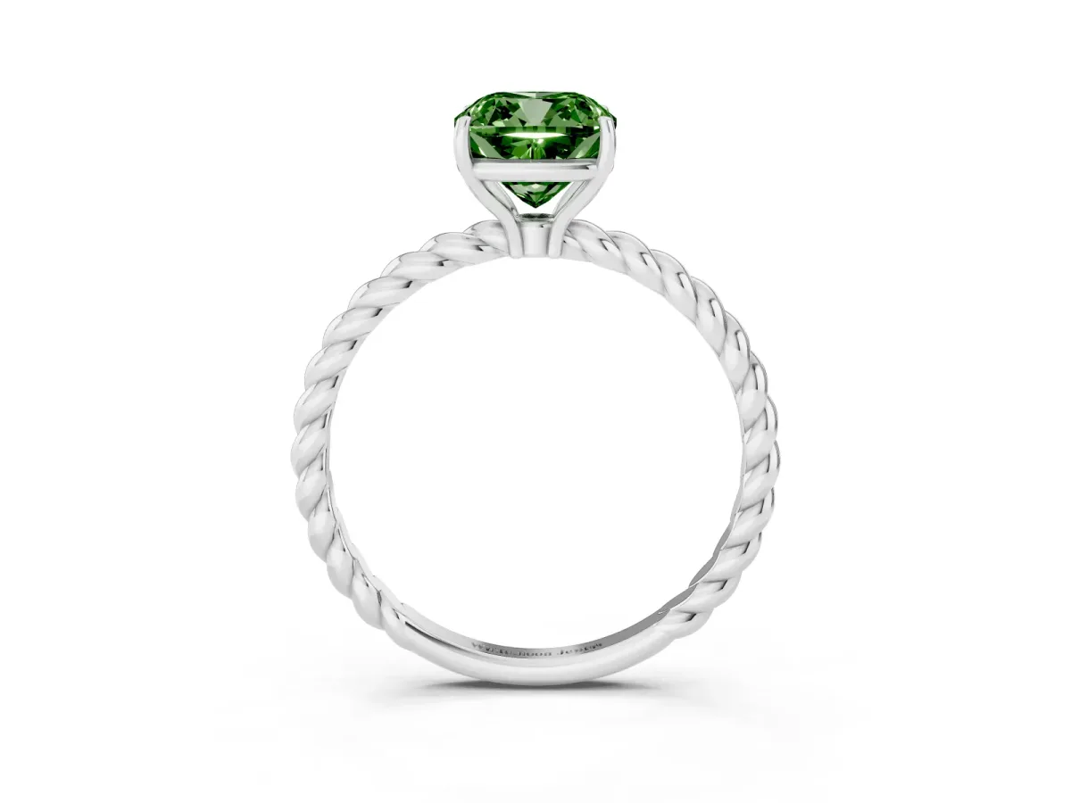 Fancy Green Cushion Cut Solitaire Twist Band Ring with Four-Prong Setting Silver