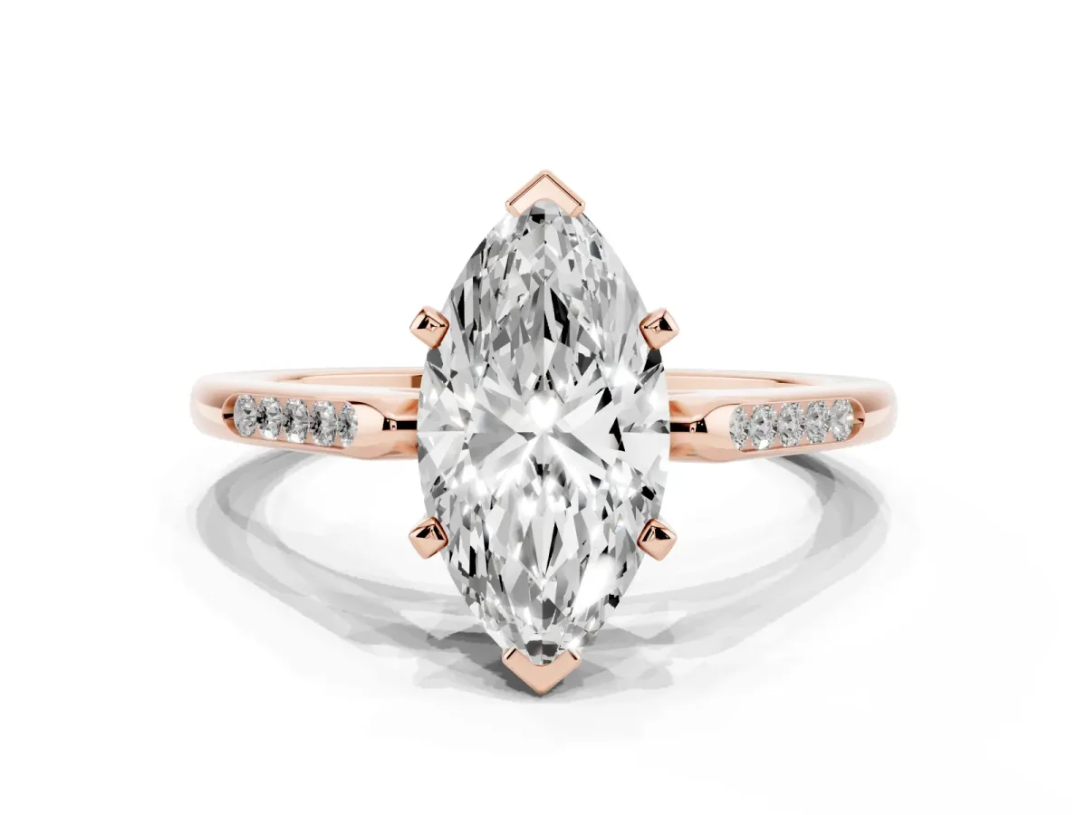 Marquise Cut Diamond Solitaire Ring with Channel Set Round Band and Prong Setting Rose gold