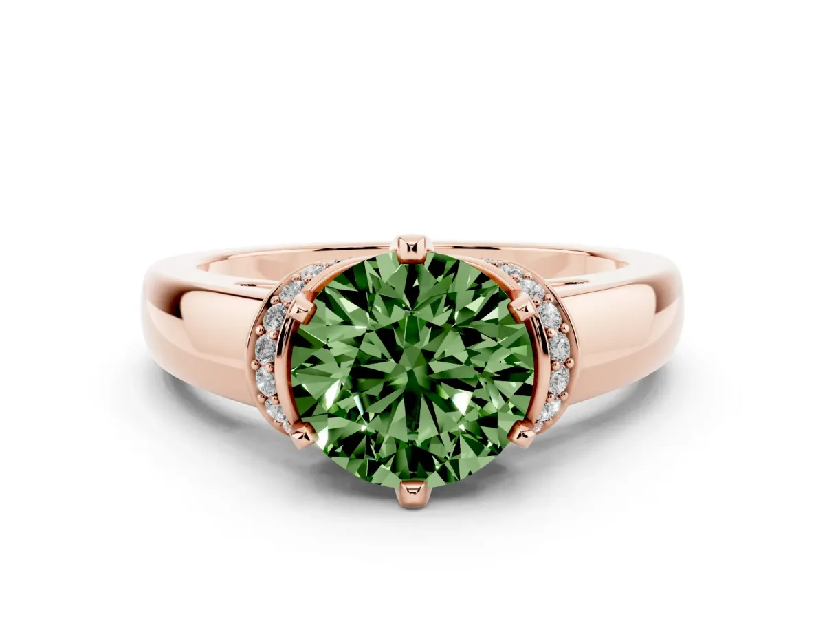 Fancy Green Round Cut Solitaire Diamond Ring with Pave Band and Six-Prong Setting Rose gold