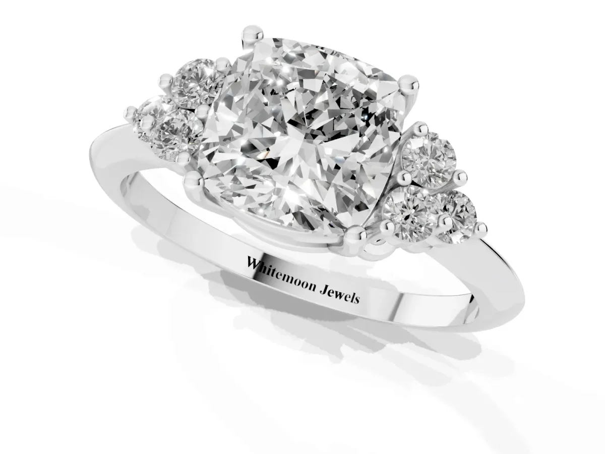 Cushion Cut Cut Diamond Cluster Ring with Solitaire Band and Four-Prong Setting Silver