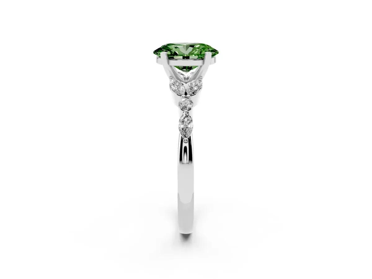 Fancy Green Oval Cut Diamond Solitaire Ring with Side Stones and Four-Prong Setting Silver