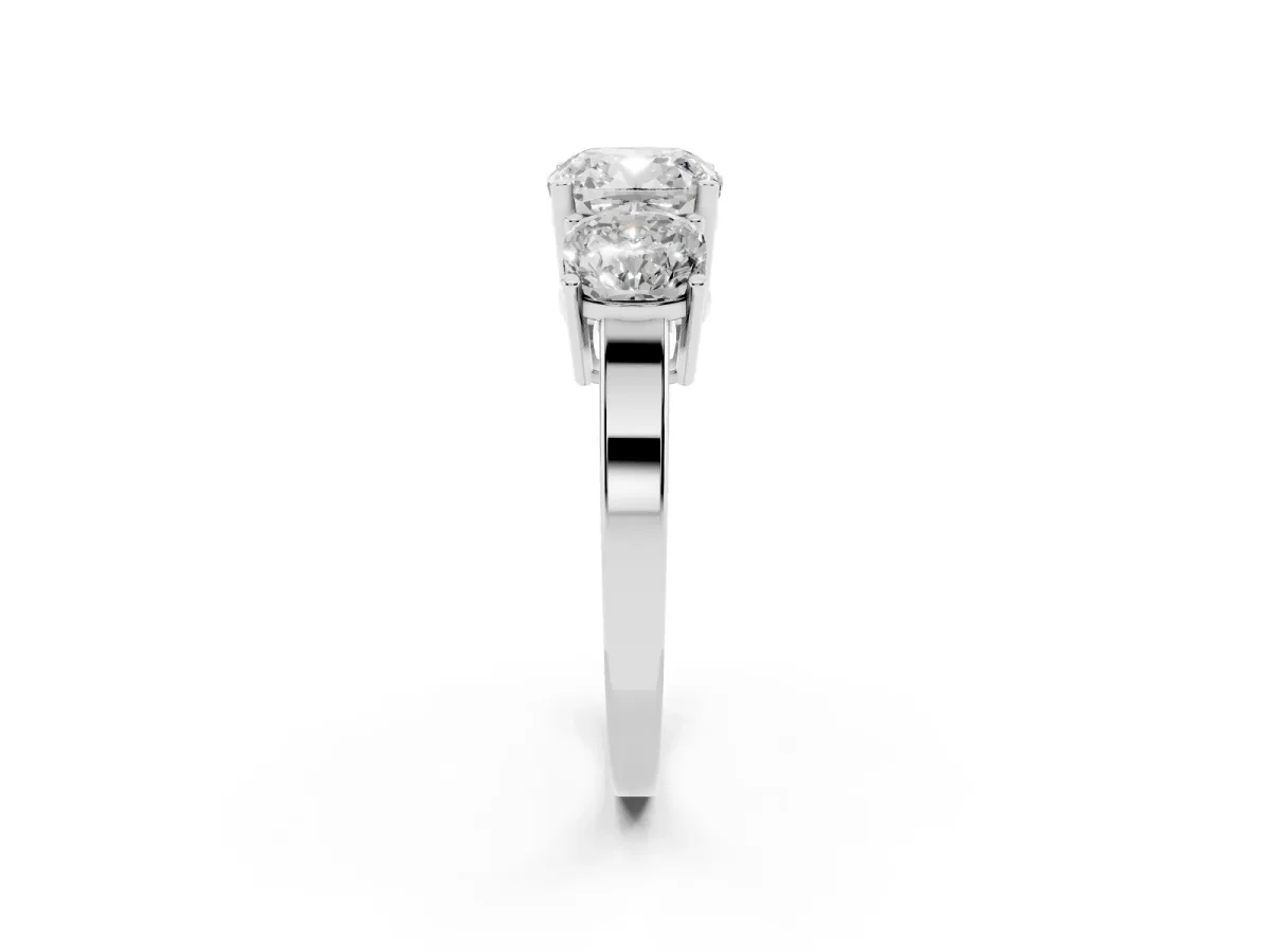 Three-Stone Cushion Cut Cut Diamond Engagement Ring with Flat Band and Four-Prong Setting Silver