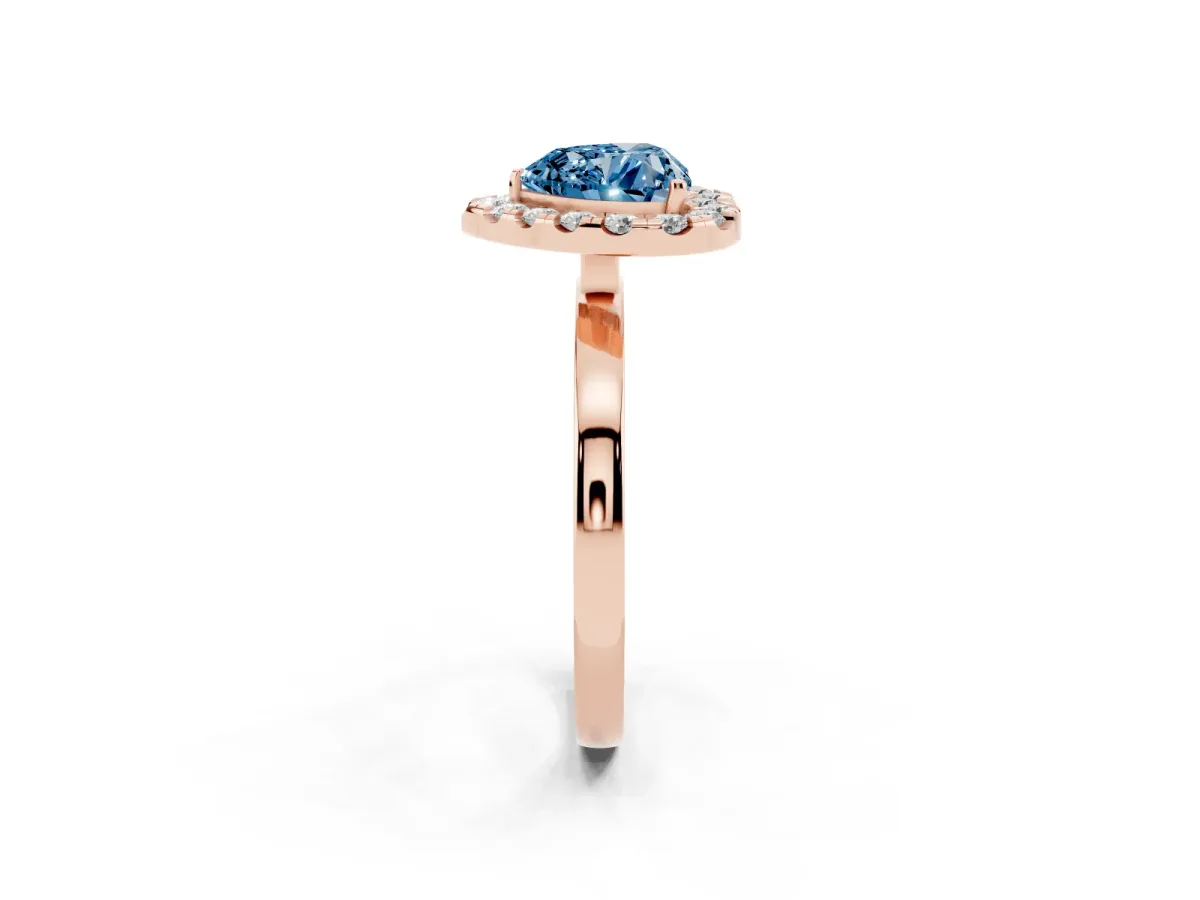 Fancy Blue Heart Cut Halo Diamond Solitaire with Pavé Band and Four-Prong Setting Rose gold