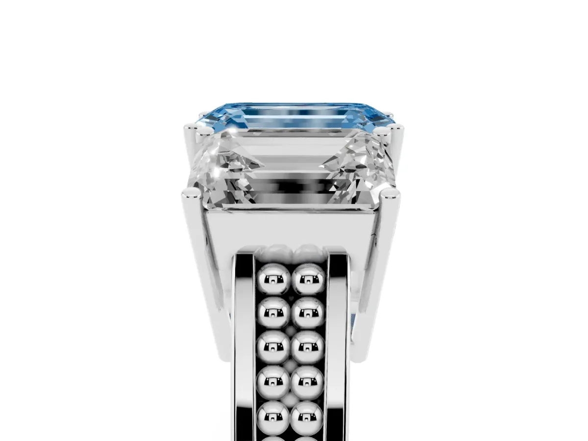 Fancy Blue Emerald Cut Diamond Three-Stone Ring with Prong Setting and Textured Band White gold