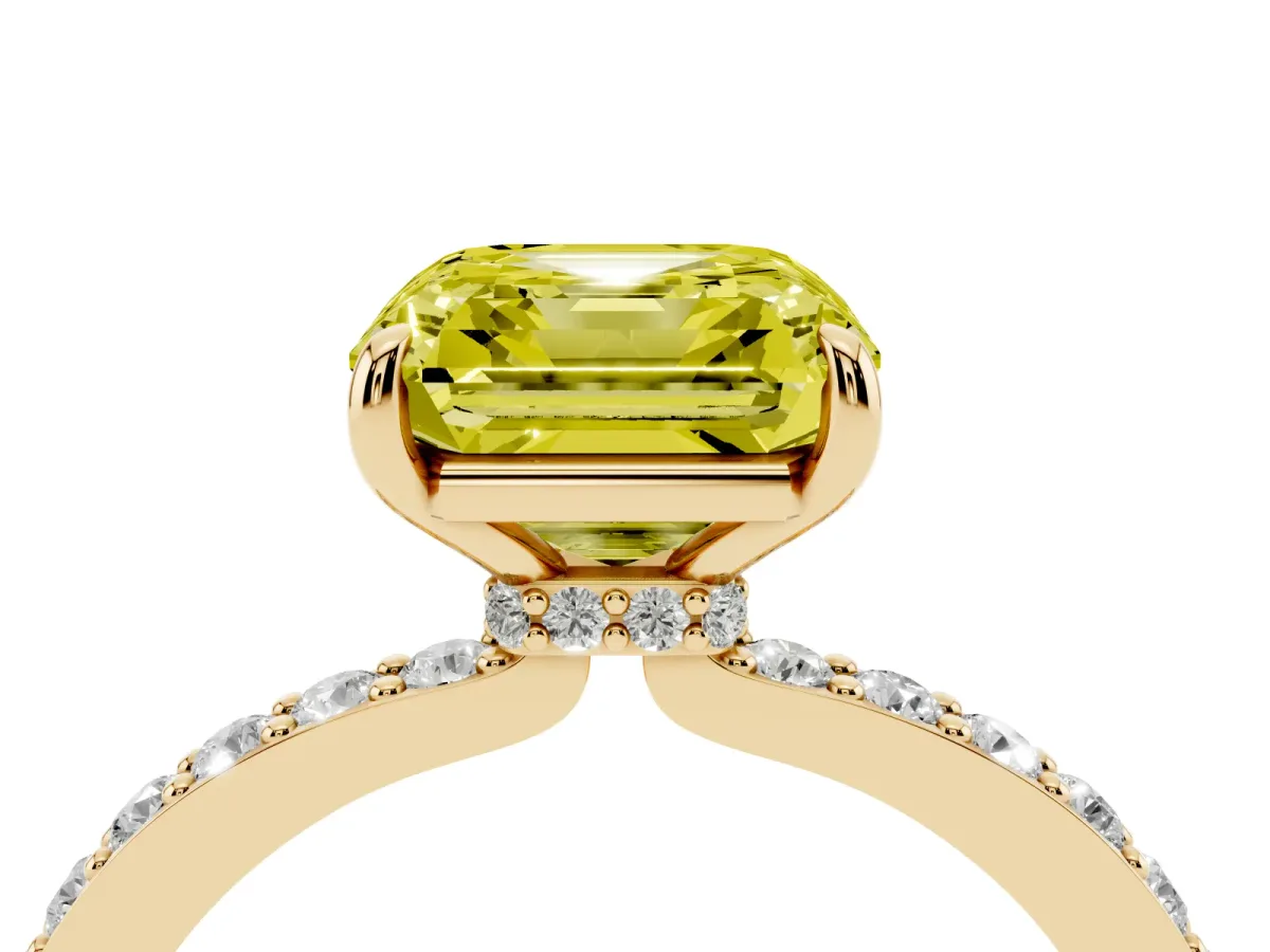 Fancy Yellow Asscher Cut Diamond Pavé Engagement Ring with Round Accents and Prong Setting Yellow gold