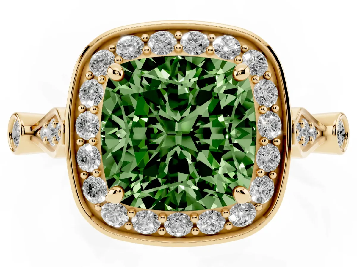 Fancy Green Cushion Cut Halo Diamond Engagement Ring with Twisted Band and Four-Prong Setting Yellow gold
