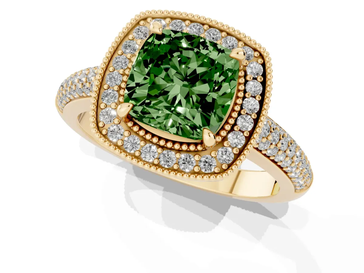 Fancy Green Cushion Cut Cut Halo Diamond Pave Band with Four-Prong Setting Yellow gold