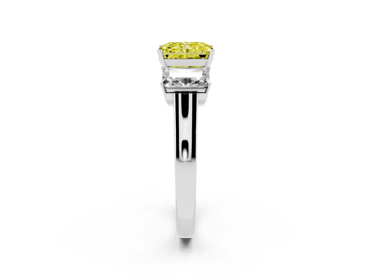 Fancy Yellow Three-Stone Radiant Cut Brilliant Diamond Trellis Ring with Comfort Fit Band Platinum