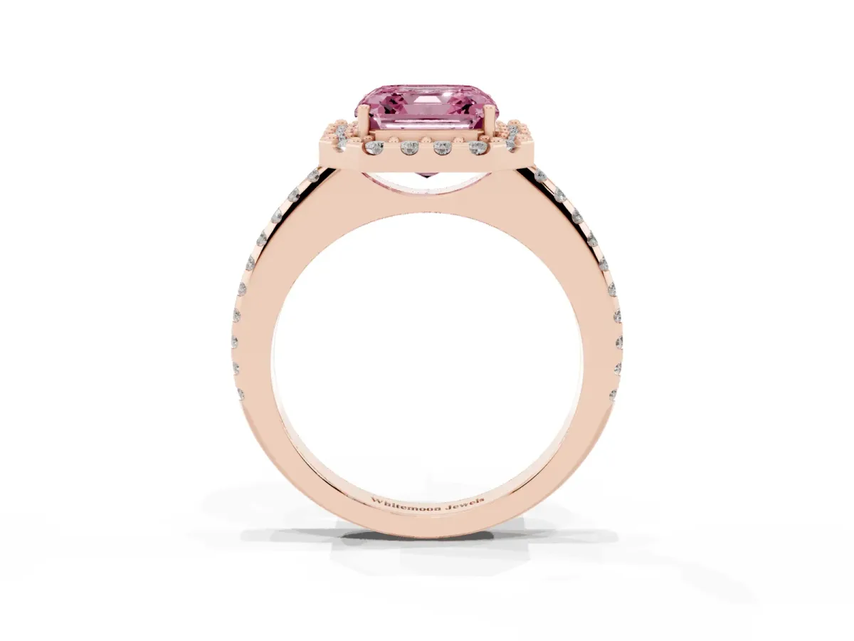 Fancy Pink Asscher Cut Diamond Pavé Halo Ring with Four-Prong Setting Rose gold