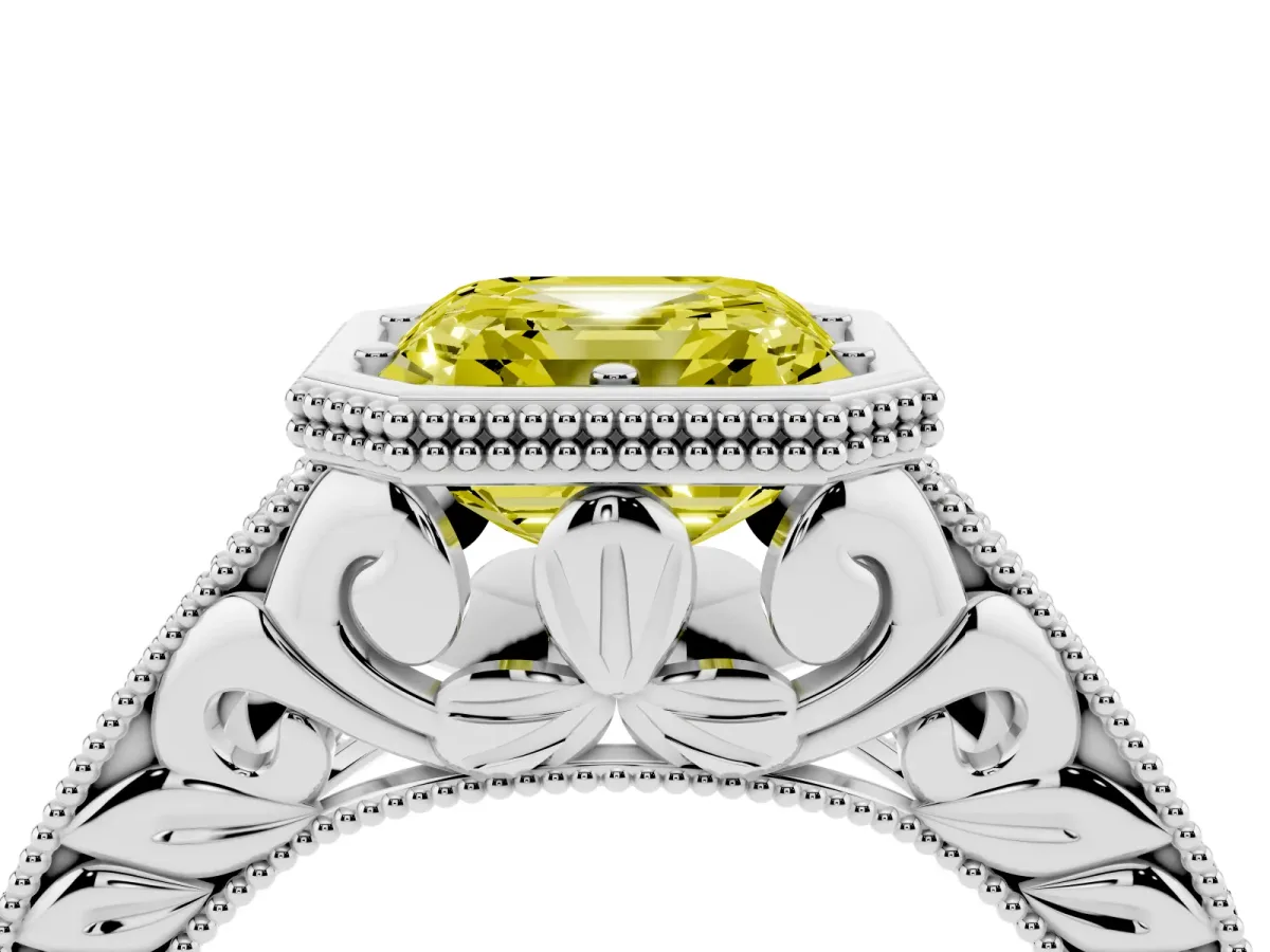 Fancy Yellow Bezel Set Asscher Cut Diamond Milgrain Pave Engagement Ring Platinum