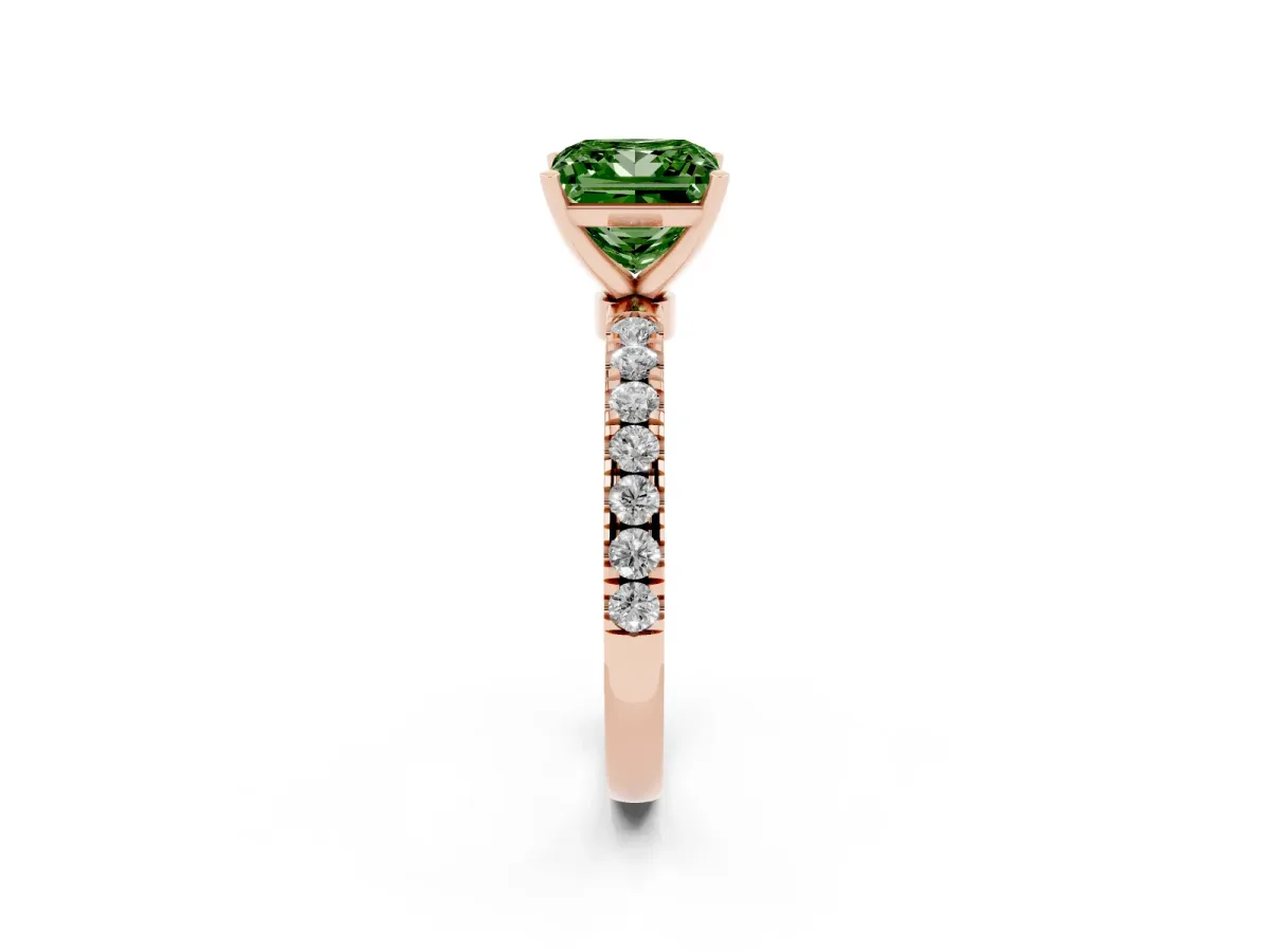 Fancy Green Princess Cut Diamond Solitaire Ring with Pavé Accents and Four-Prong Setting Rose gold