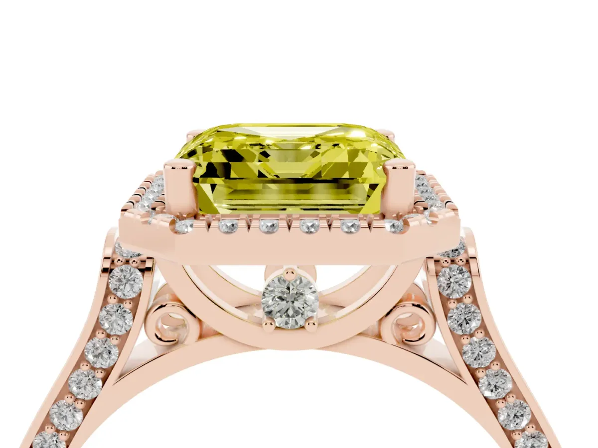 Fancy Yellow Asscher Cut Halo Pave Split Shank Prong Setting Ring Rose gold
